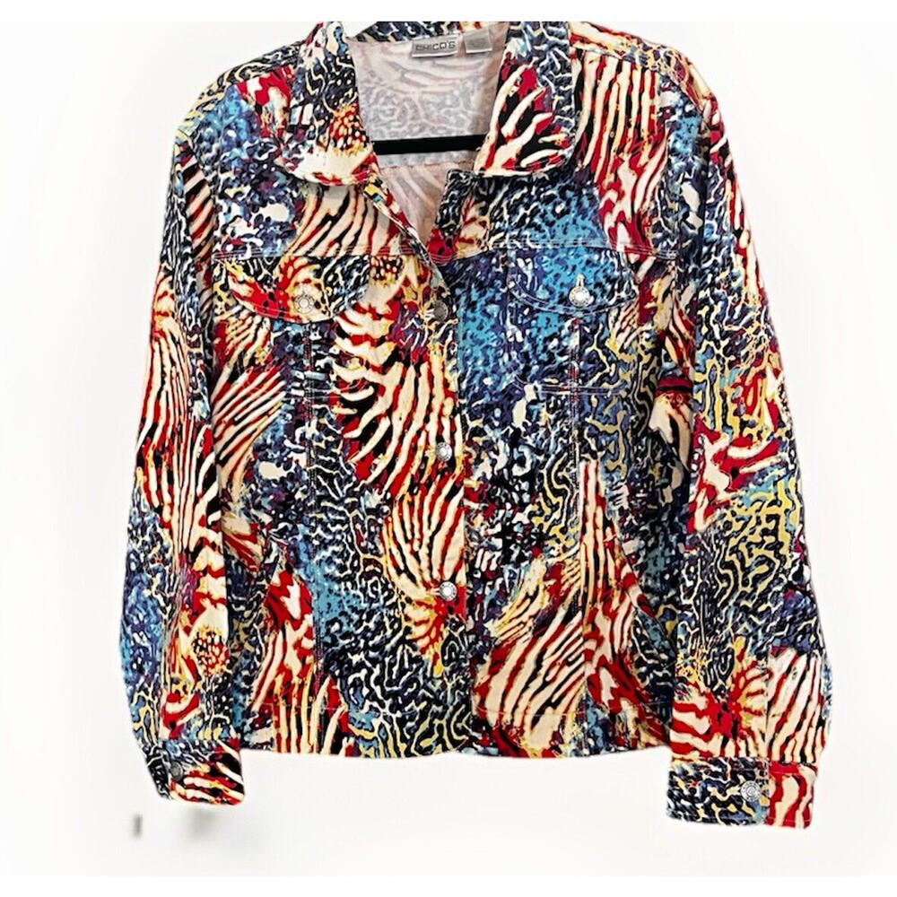 Chico's Women's Long Sleeve Multicolor Jean Jacket Size 3 Red White Blue - Picture 8 of 8